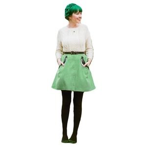 Book of Deer green/white polka dot w/ emboidered bird A-line skater skirt sz S